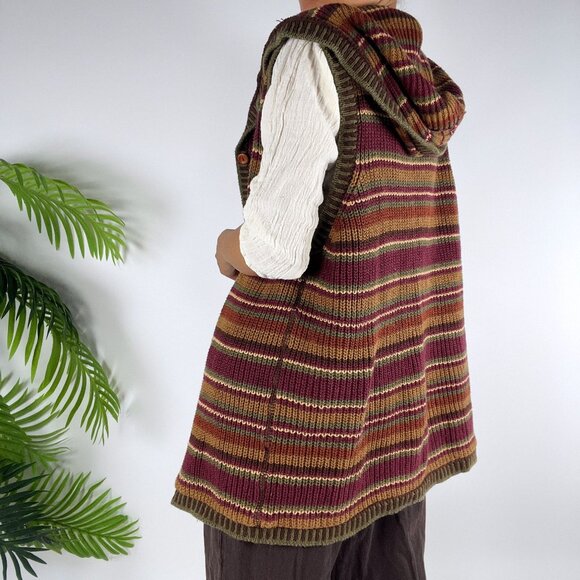 Vintage 90s Aeropostale Brown Striped Boho Granola Hooded Knit Grandpa Vest / L - Picture 3 of 8